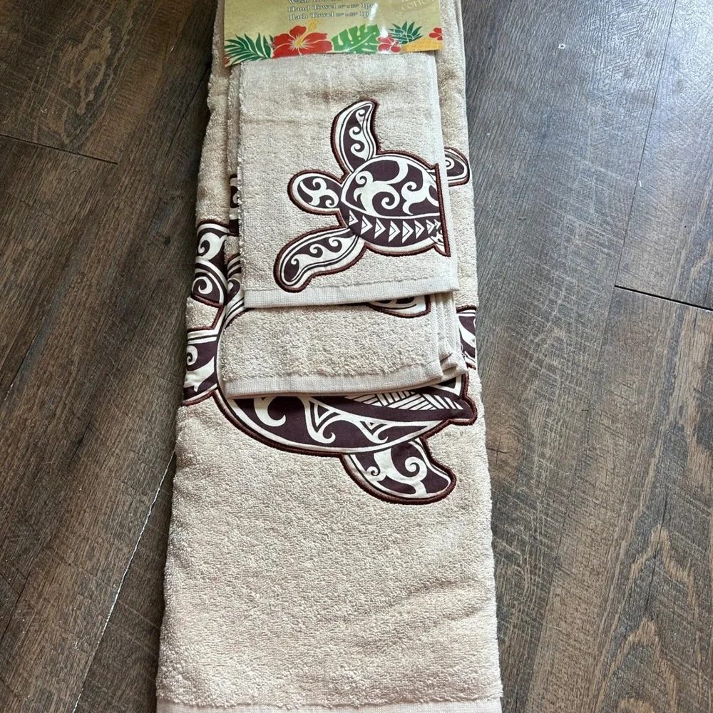 Kauhale Living Hawaiian Bath Towel Set 3pc 100% Cotton Tribal Honu Sea Turtle